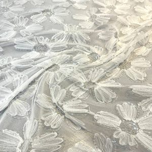 Tule Bordado Flores Paetê Off White | 1406