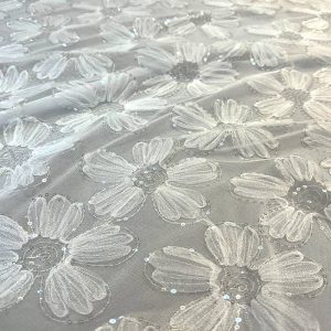 Tule Bordado Flores Paetê Off White | 1406